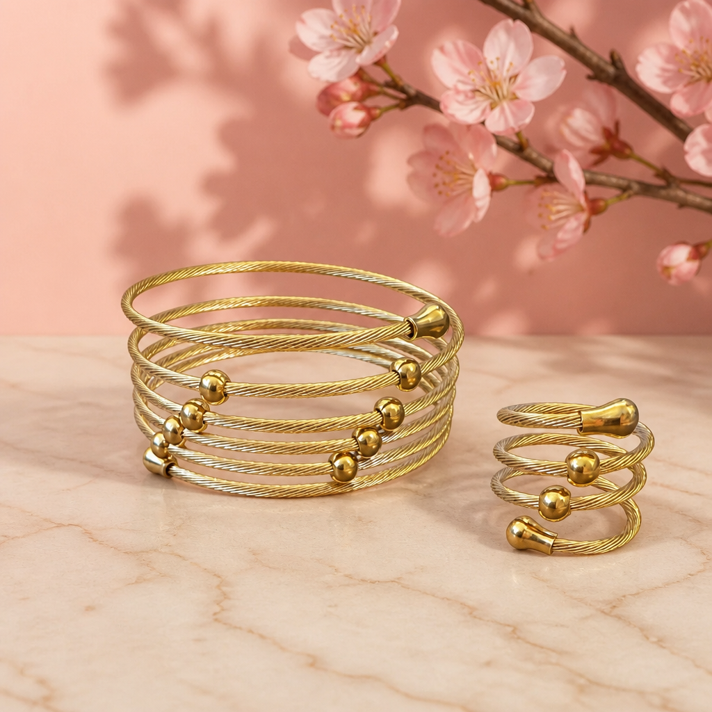 Set pulsera y anillo cable trenzado dorado