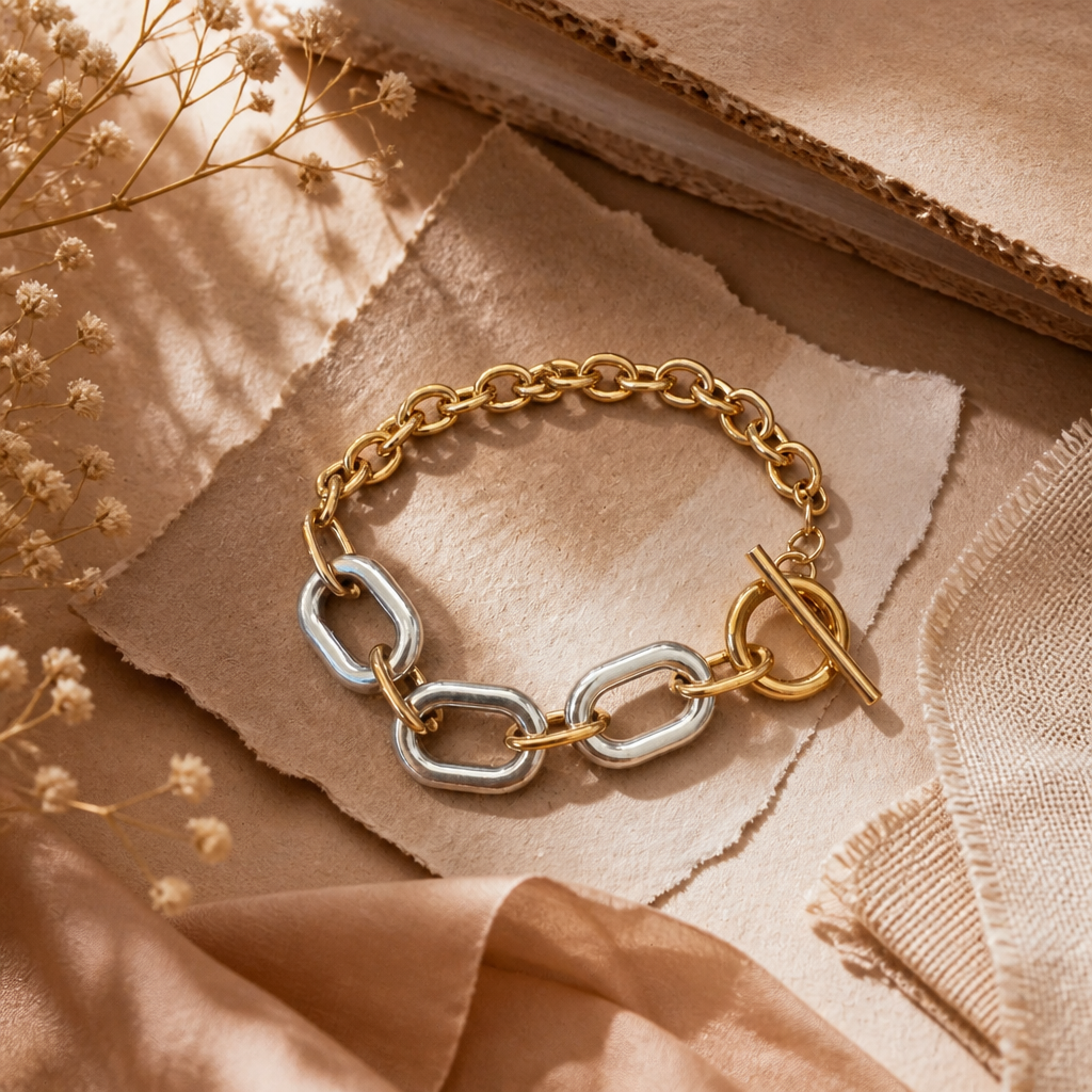 Pulsera bicolor chain link gold y silver con cierre toggle