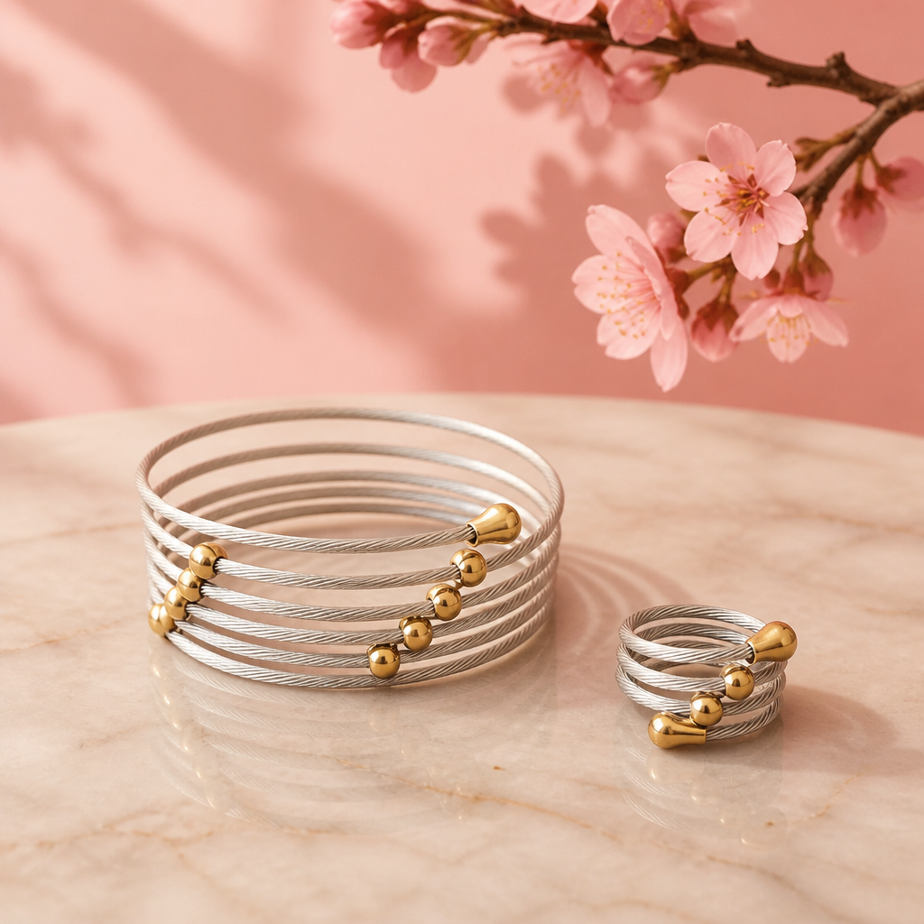 Set pulsera y anillo cable trenzado plateado/bicolor