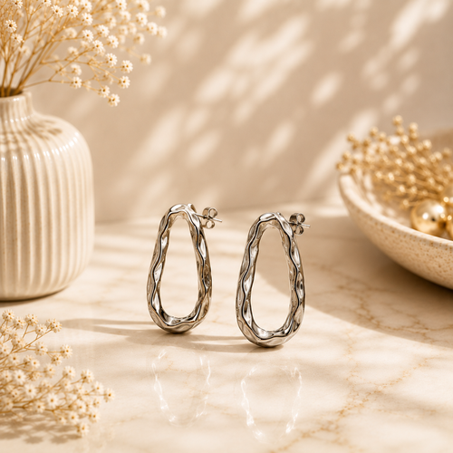 Aretes argolla orgánica plateada acero inoxidable