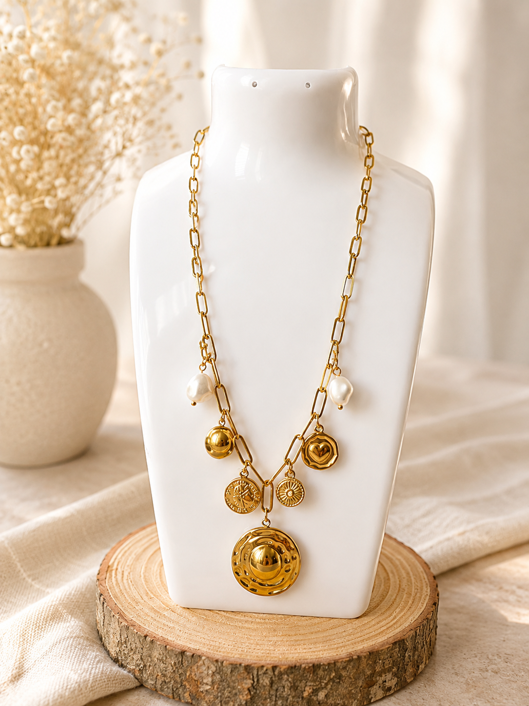 Collar dorado de dijes con medallón, corazón y perlas en exhibidor