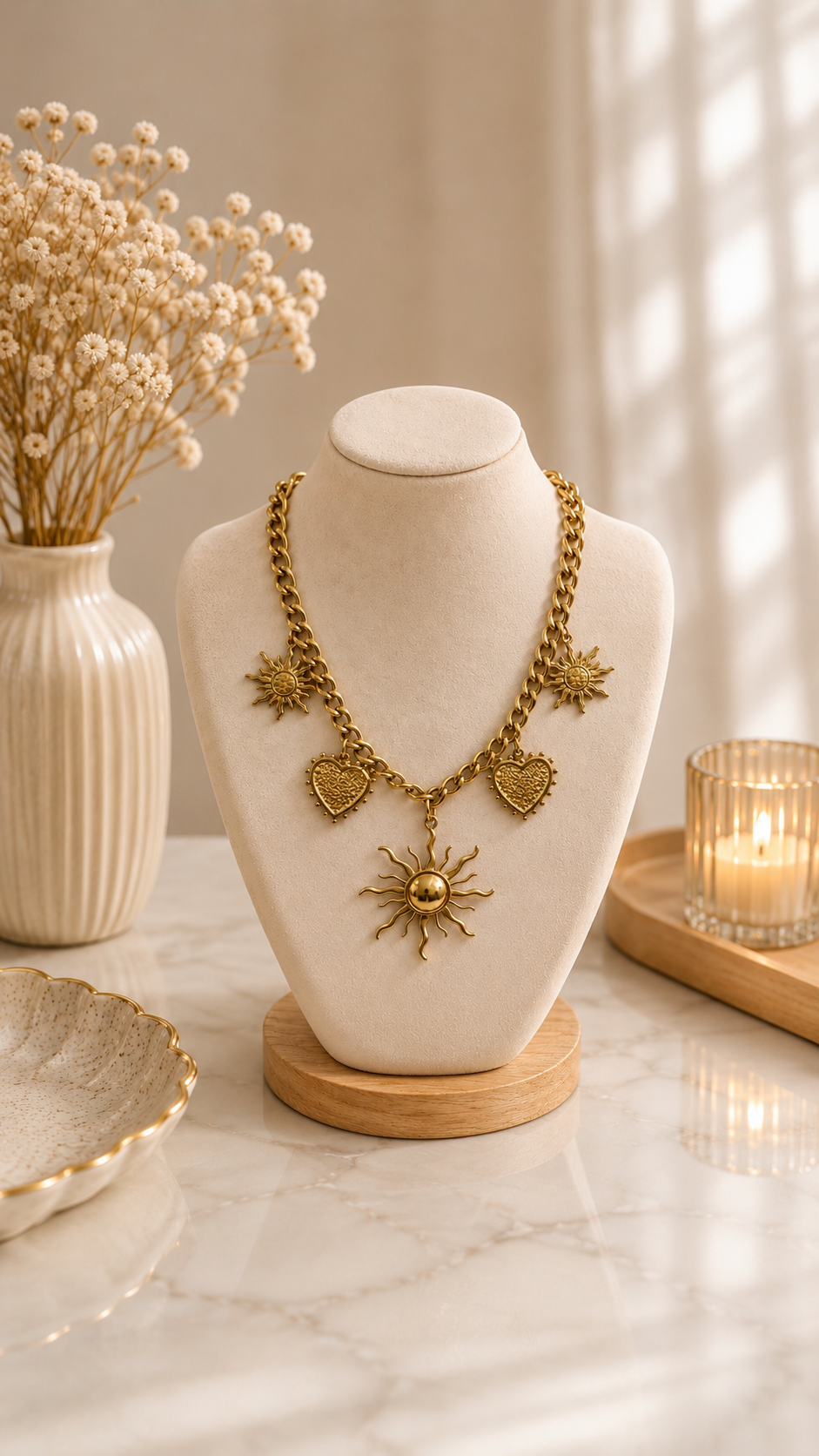 Collar dorado chunky con charms de sol grande, corazones texturizados y soles pequeños sobre busto de exhibición