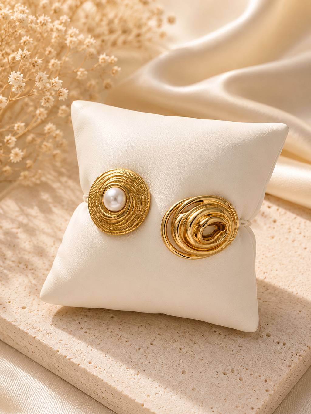 Aretes dorados asimétricos de disco con perla y espiral sobre cojín