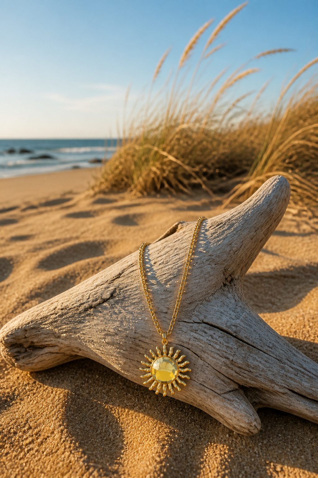 Collar sol dorado con piedra sobre madera en la playa
