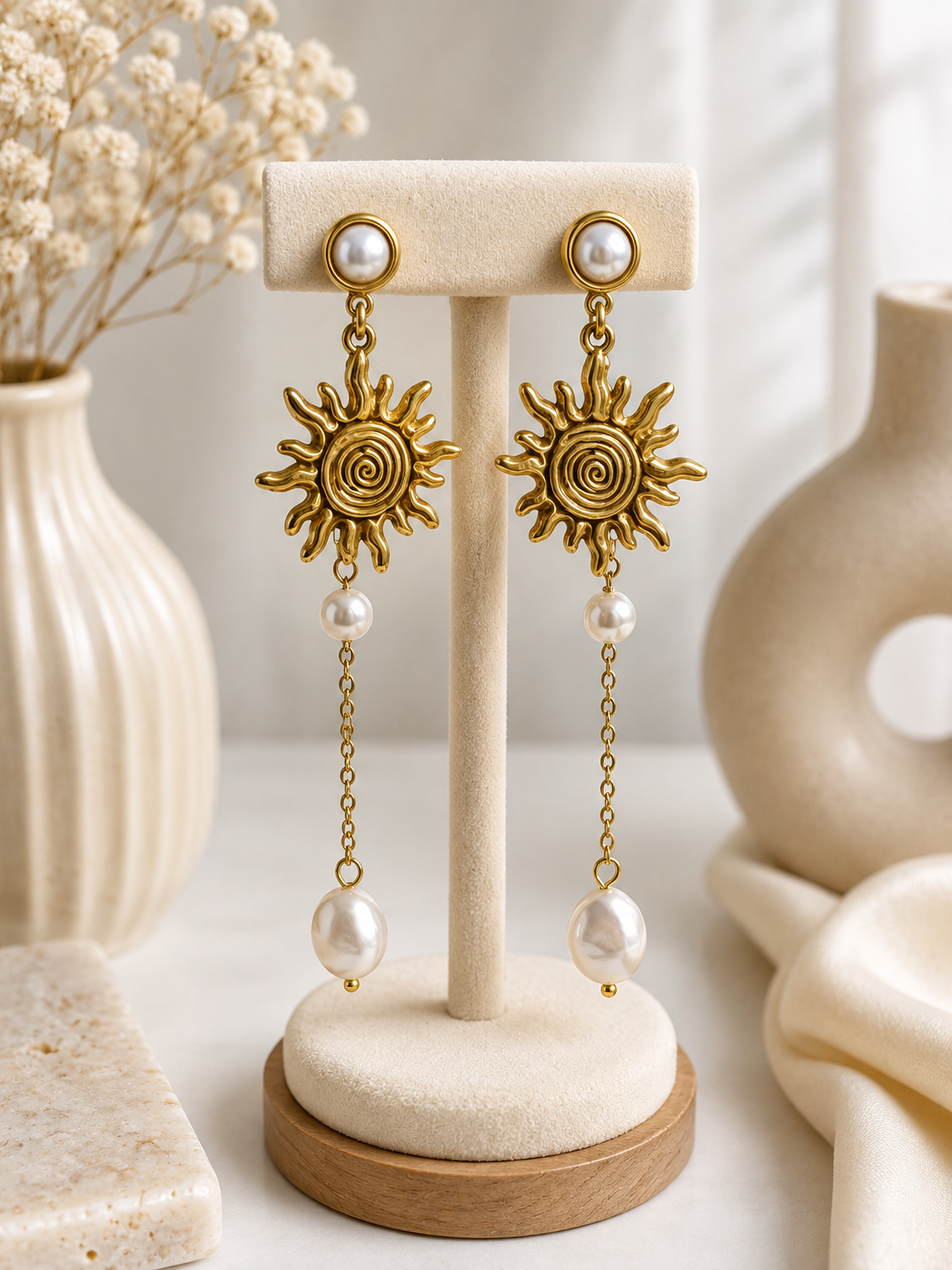 Aretes largos dorados con tope de perla, sol espiral texturizado y cadena con dos perlas colgantes sobre soporte de exhibición