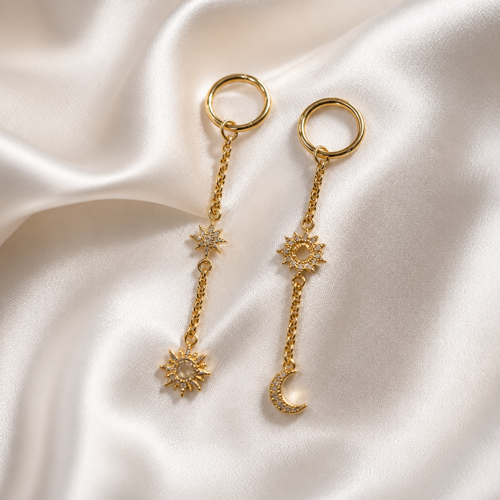 Aretes Sol Luna Asimétricos Dorado